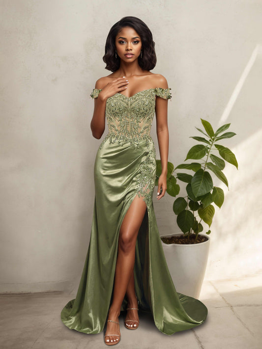 Xalina Trendy Sleeveless 3D Floral Corset Prom Dresses with Slit