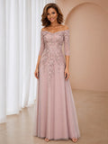 Yenvoria Enchanting Off the Shoulder Lace Appliques Floor Length Chiffon Mother of the Bride Dresses