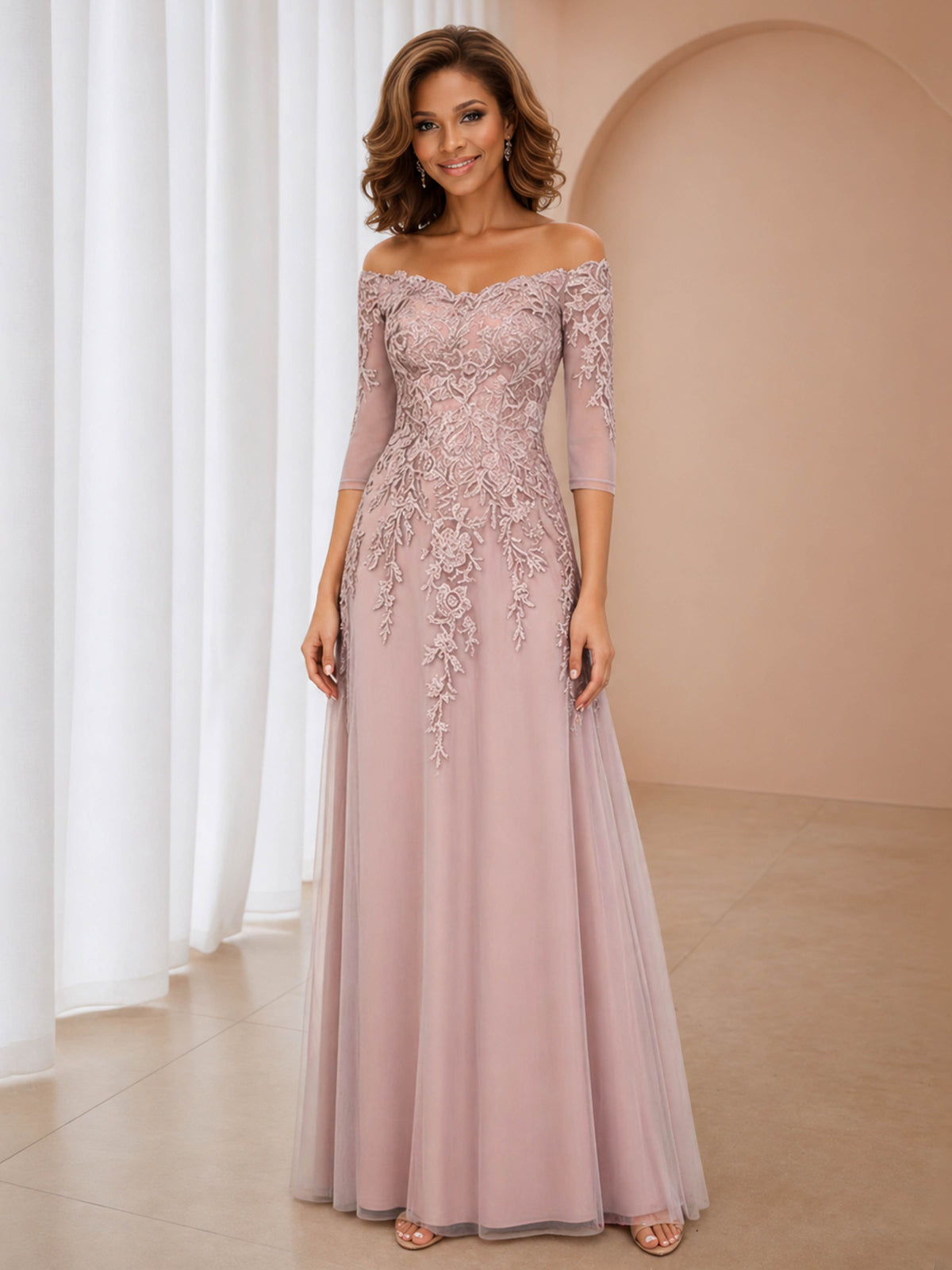 Yenvoria Enchanting Off the Shoulder Lace Appliques Floor Length Chiffon Mother of the Bride Dresses