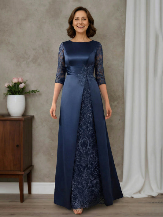 Zaria Elegant Sheath Scoop Half Sleeves Floor-Length Satin Mother of the Bride Dresses with Appliques Lace