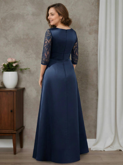 Zaria Elegant Sheath Scoop Half Sleeves Floor-Length Satin Mother of the Bride Dresses with Appliques Lace