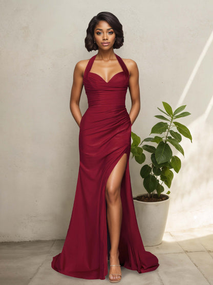 Zelira Modest Halter Pleated Long Mermaid Fitted Prom Dresses
