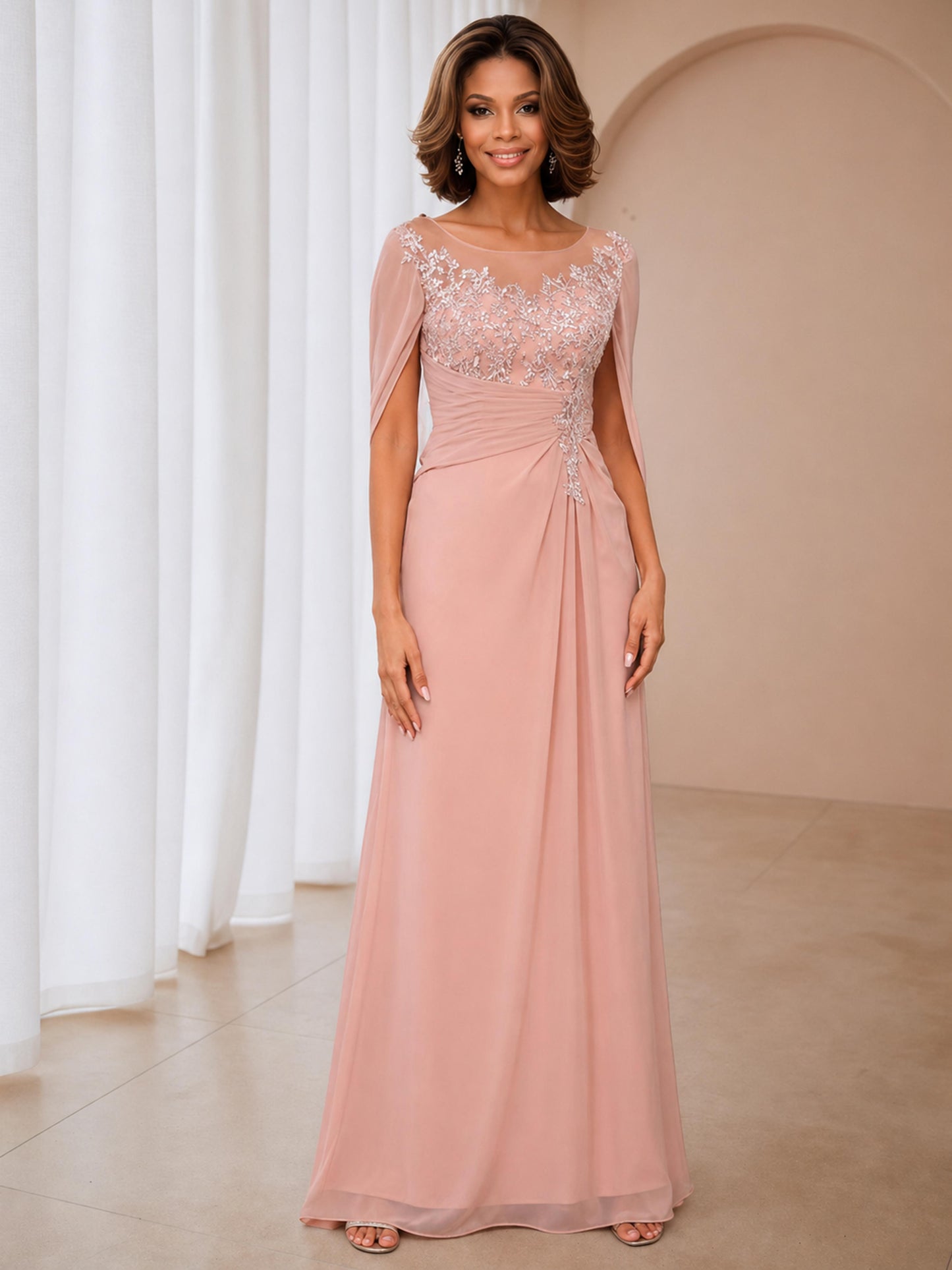 Zermira Delicate Ruched Cape Lace Appliques Long Chiffon Mother Of The Bride Dresses