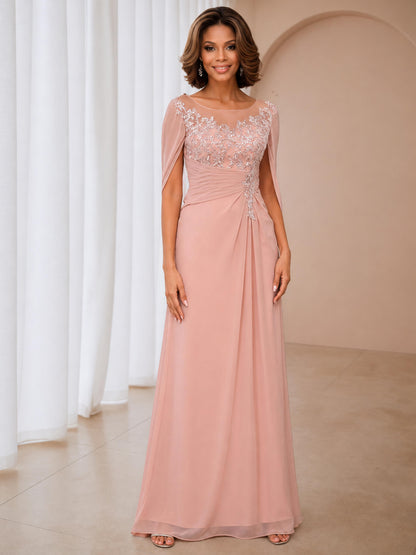 Zermira Delicate Ruched Cape Lace Appliques Long Chiffon Mother Of The Bride Dresses