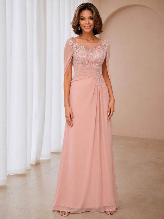 Zermira Delicate Ruched Cape Lace Appliques Long Chiffon Mother Of The Bride Dresses