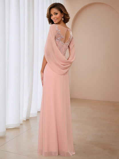 Zermira Delicate Ruched Cape Lace Appliques Long Chiffon Mother Of The Bride Dresses