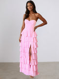 Ziva Spaghetti Straps Sweetheart Neck Tiered Pleated  Floor Length Prom Dresses