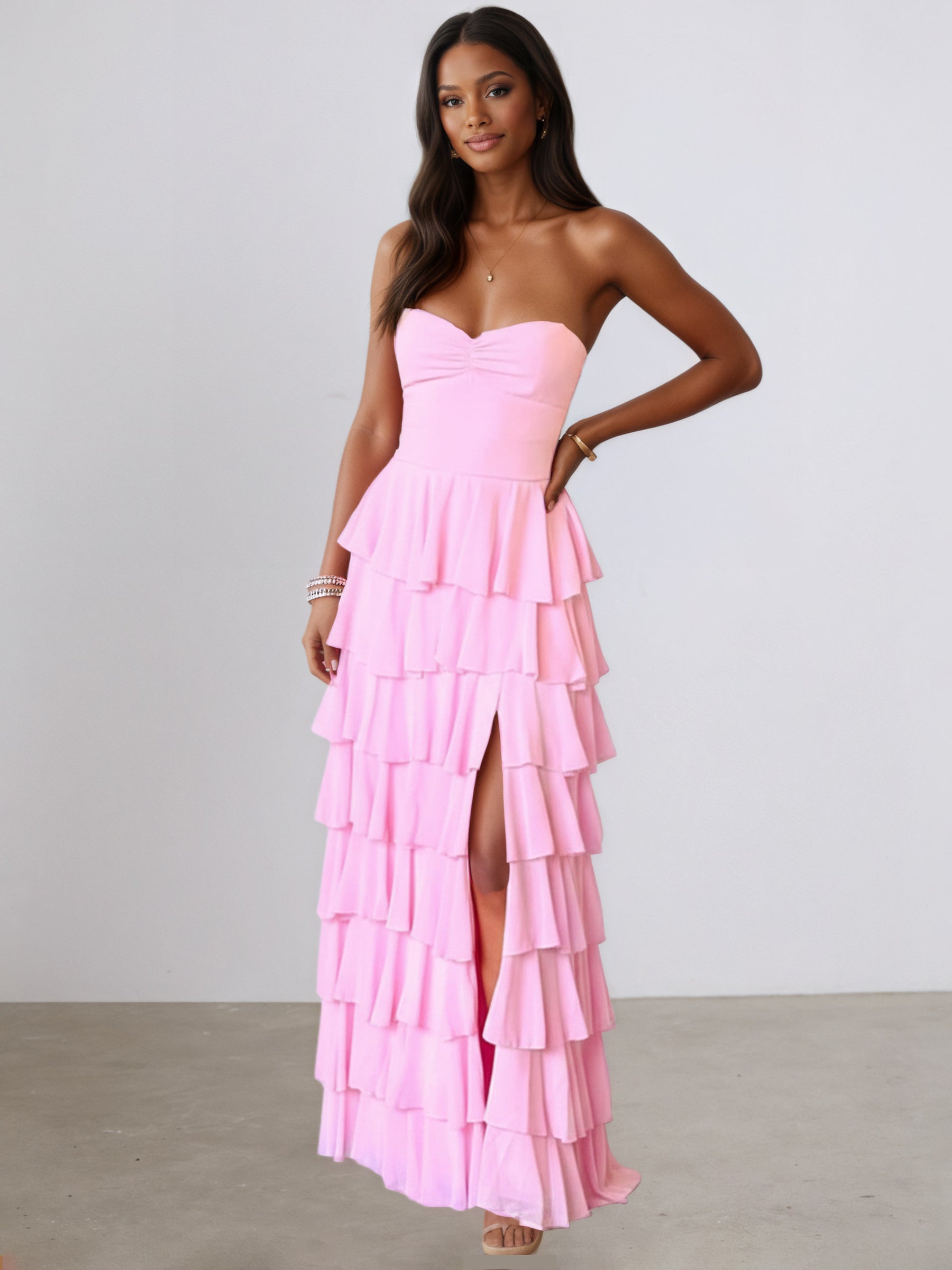 Ziva Spaghetti Straps Sweetheart Neck Tiered Pleated  Floor Length Prom Dresses