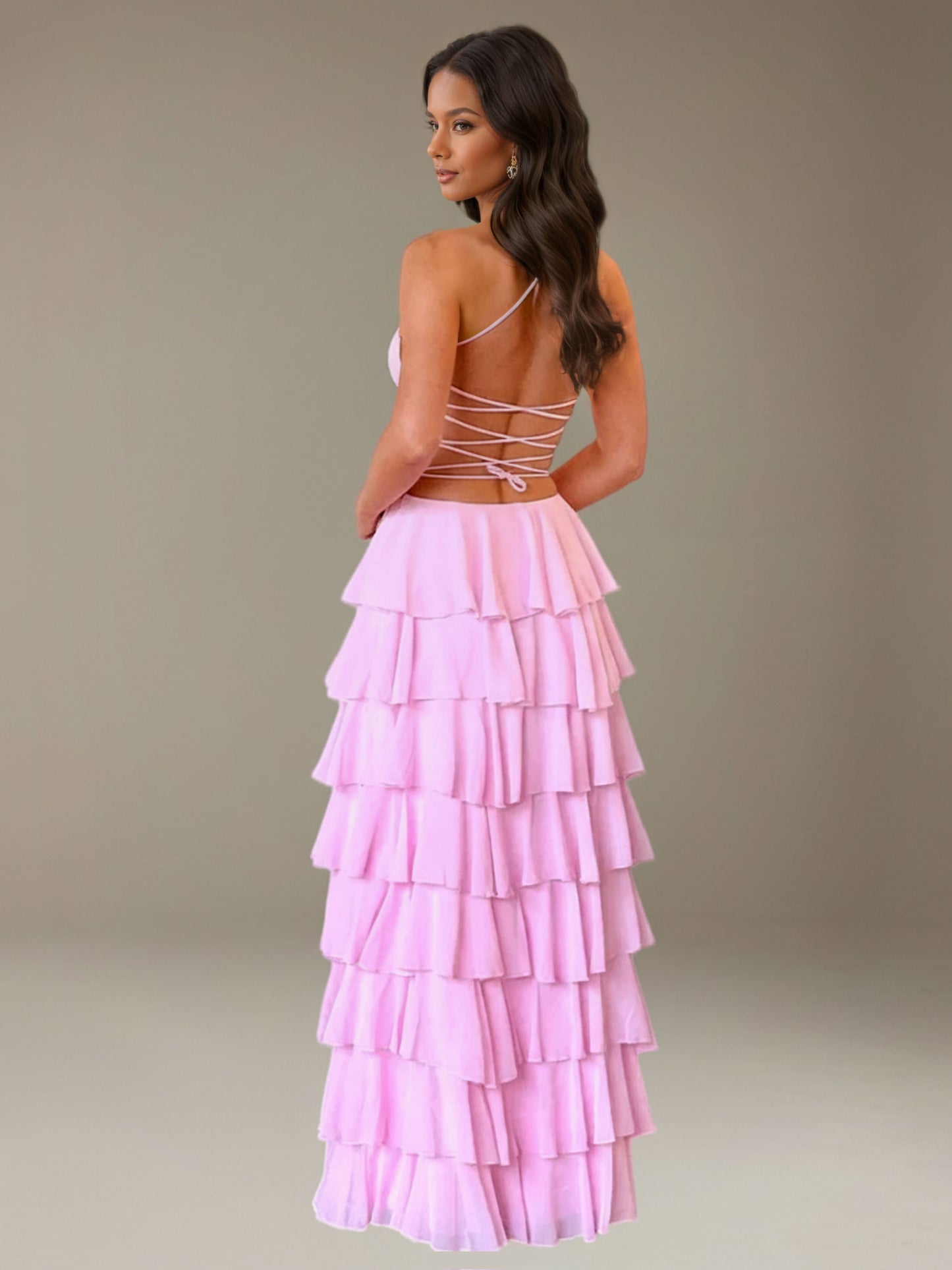 Ziva Spaghetti Straps Sweetheart Neck Tiered Pleated  Floor Length Prom Dresses