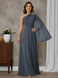 Zuri Elegant A-line One-Shoulder Pleated Floor-Length Chiffon Mother of the Bride Dresses with Slit