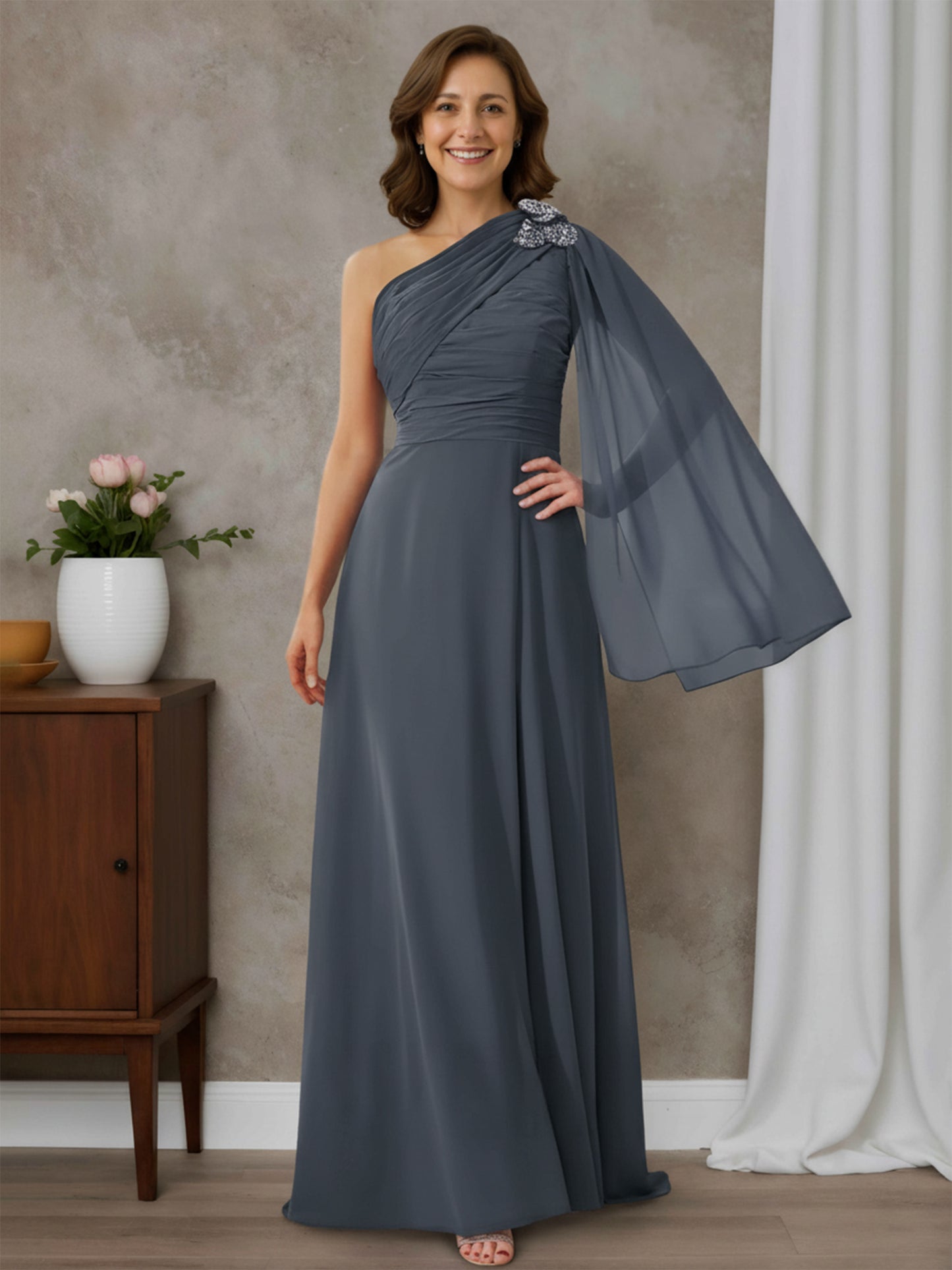 Zuri Elegant A-line One-Shoulder Pleated Floor-Length Chiffon Mother of the Bride Dresses with Slit