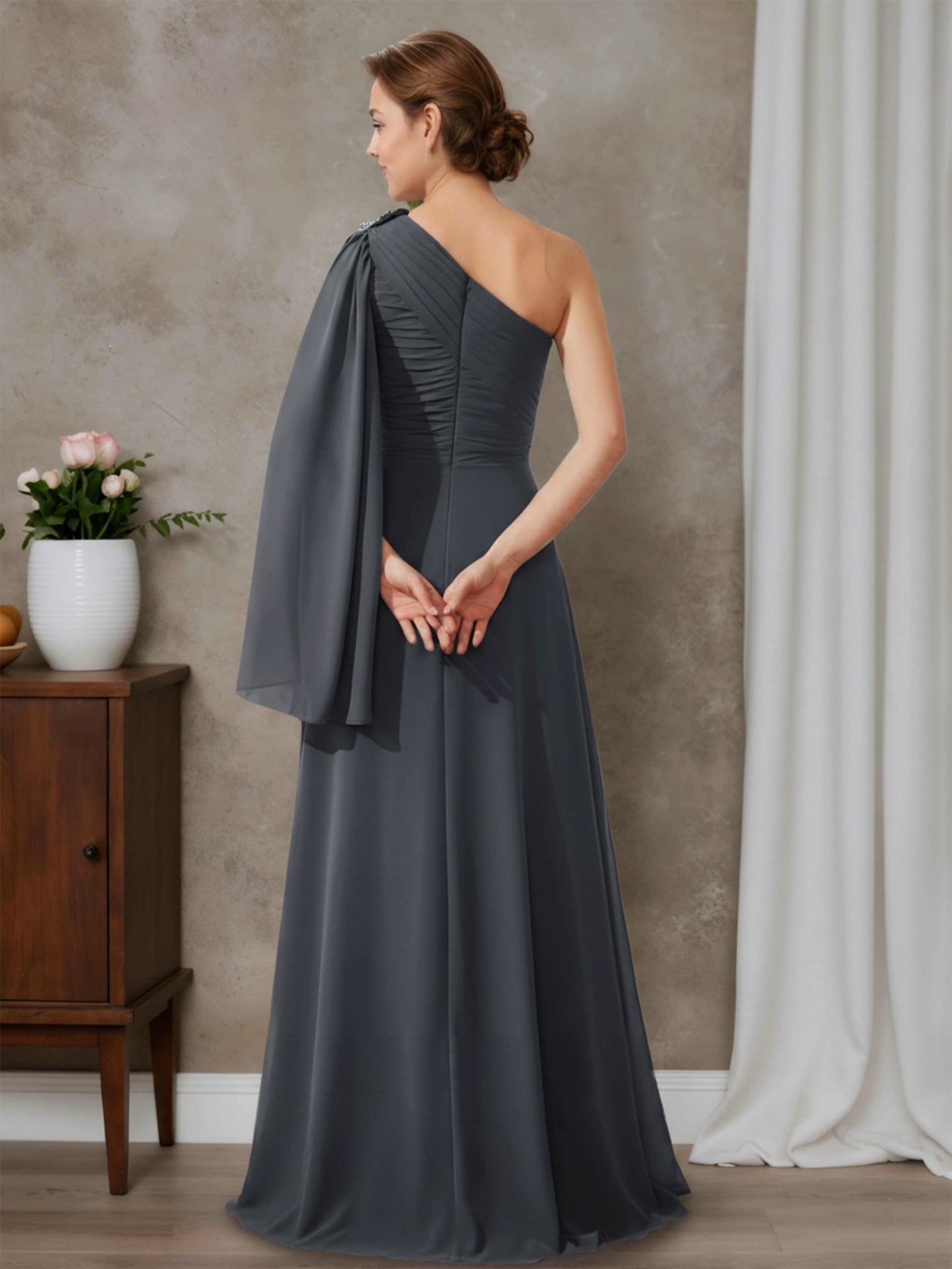 Zuri Elegant A-line One-Shoulder Pleated Floor-Length Chiffon Mother of the Bride Dresses with Slit