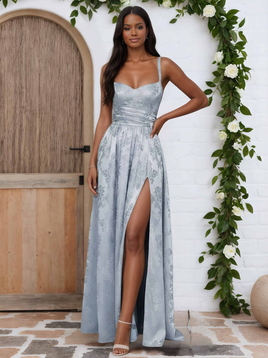 Aureliax Gorgeous A-Line Spaghetti Straps Pleated Slit Long Jacquard Prom Dresses