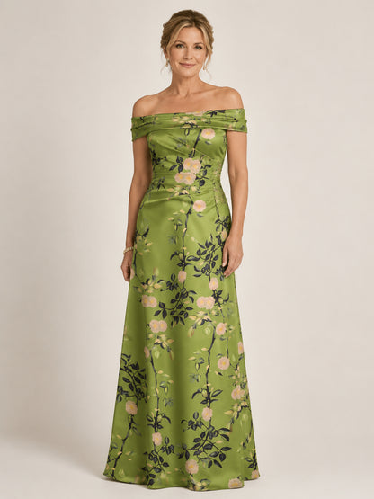 Avelisse Off-the-Shoulder Floral Satin Mother of the Bride Dress