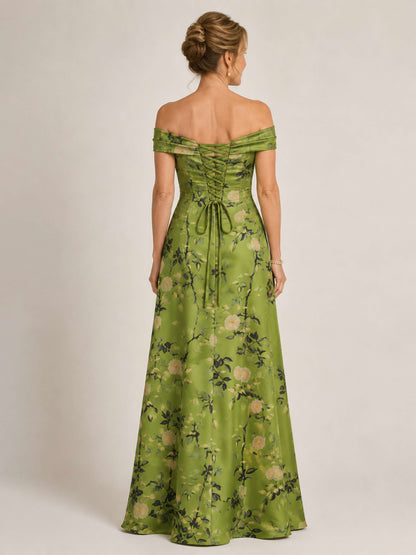 Avelisse Off-the-Shoulder Floral Satin Mother of the Bride Dress