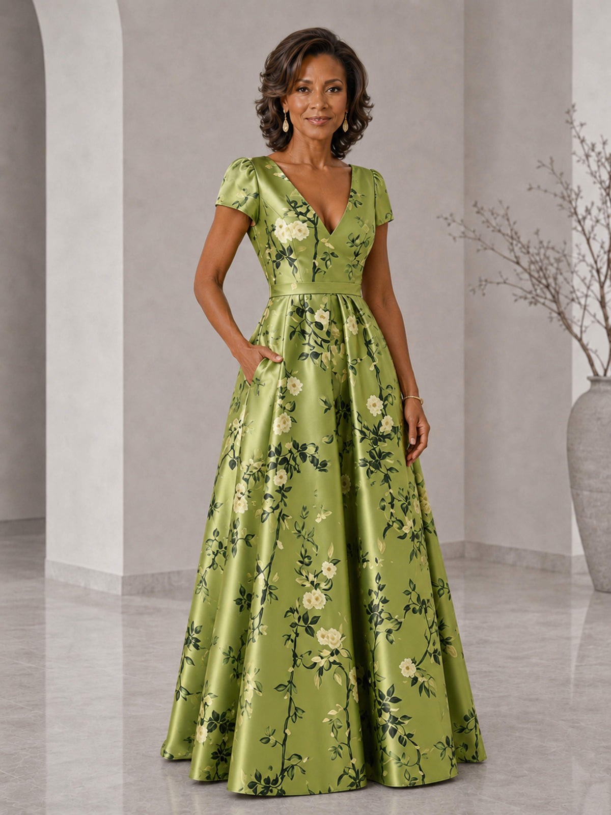 Halessa Floral Satin V-Neck Cap Sleeves A-Line Mother of the Bride Dress