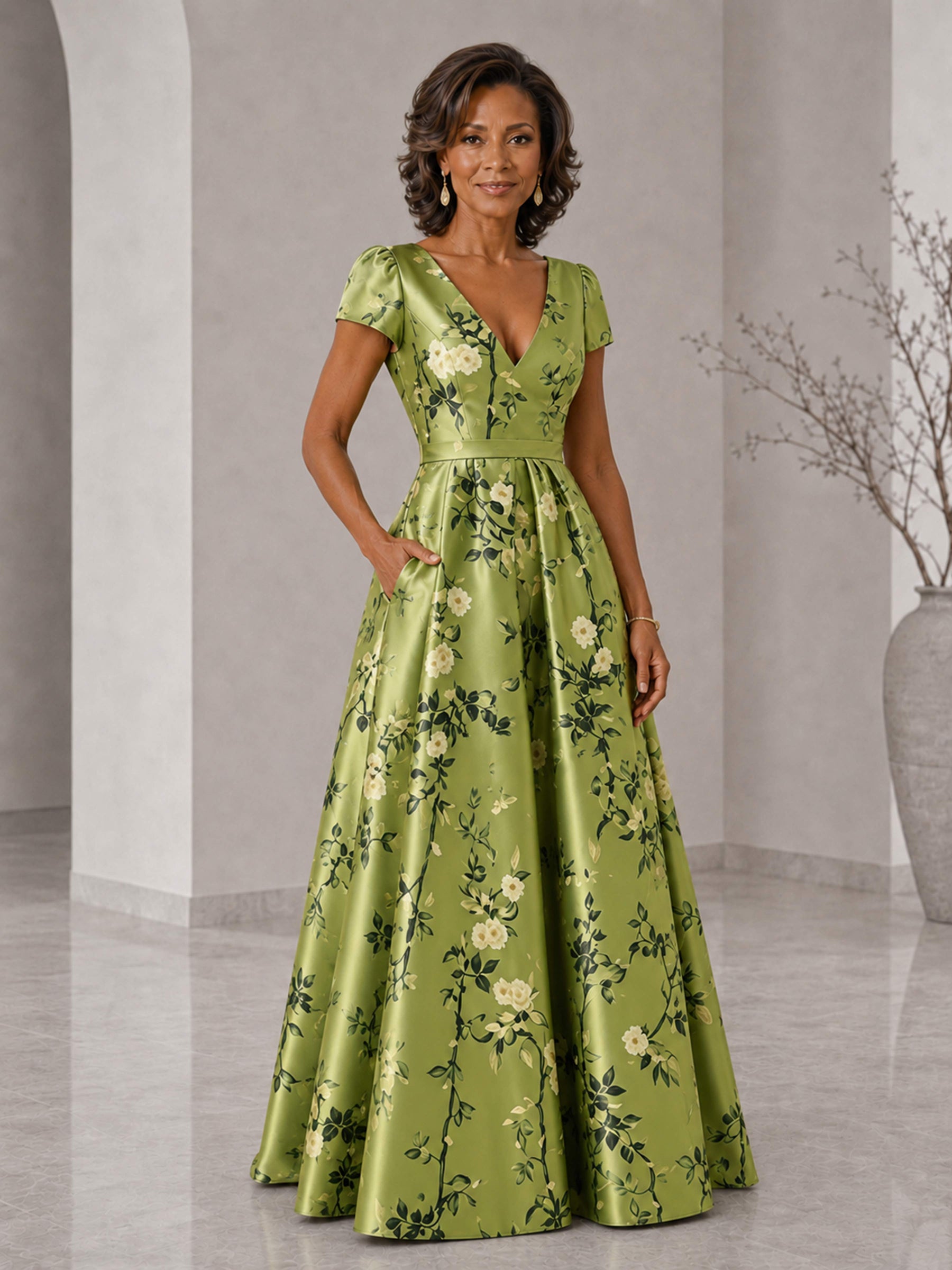 Halessa Floral Satin V-Neck Cap Sleeves A-Line Mother of the Bride Dress