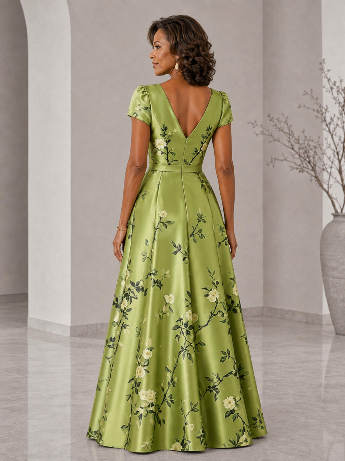 Halessa Floral Satin V-Neck Cap Sleeves A-Line Mother of the Bride Dress