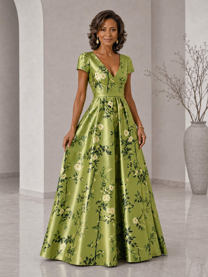 Halessa Floral Satin V-Neck Cap Sleeves A-Line Mother of the Bride Dress