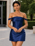 Halmina Off-the-Shoulder Satin Mini Homecoming Dress with Lace-Up Back