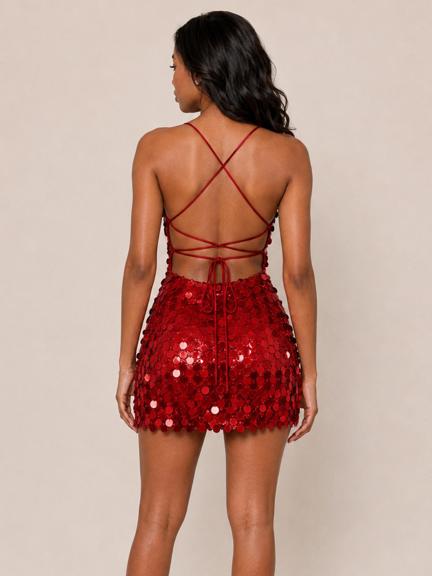 Hesona Sequin Spaghetti Straps Mini Homecoming Dress with Lace-Up Back