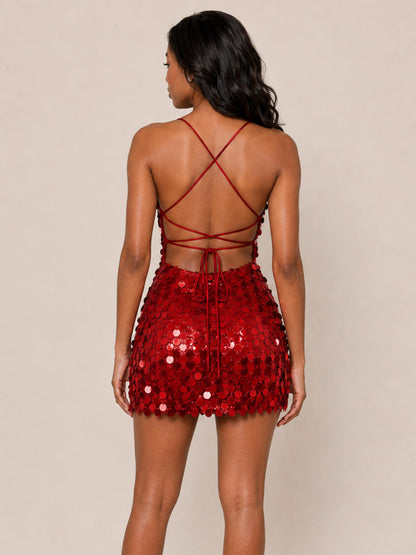 Hesona Sequin Spaghetti Straps Mini Homecoming Dress with Lace-Up Back