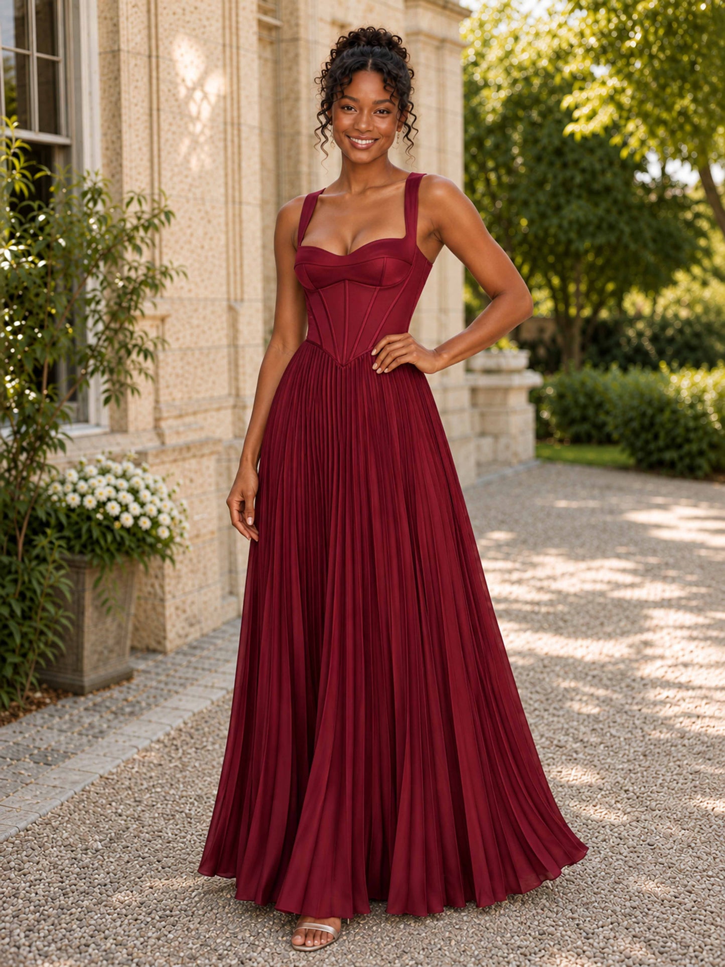 Hesvella Square-Neck Corset Sleeveless A-Line Floor Length Pleated Prom Dress