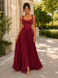 Hesvella Square-Neck Corset Sleeveless A-Line Floor Length Pleated Prom Dress