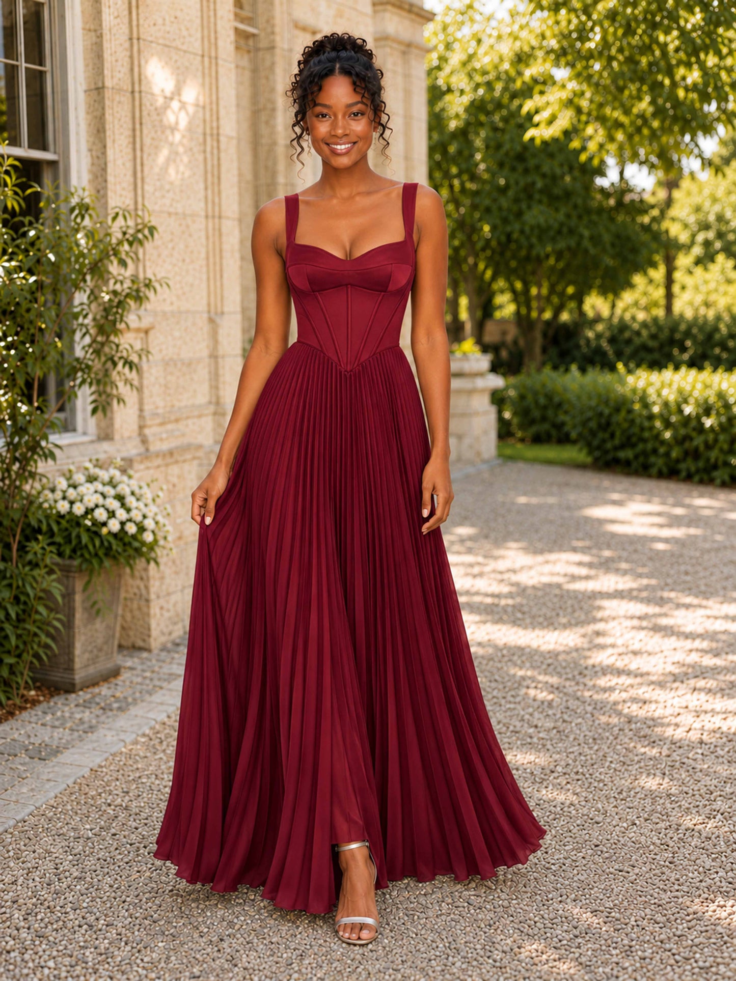 Hesvella Square-Neck Corset Sleeveless A-Line Floor Length Pleated Prom Dress