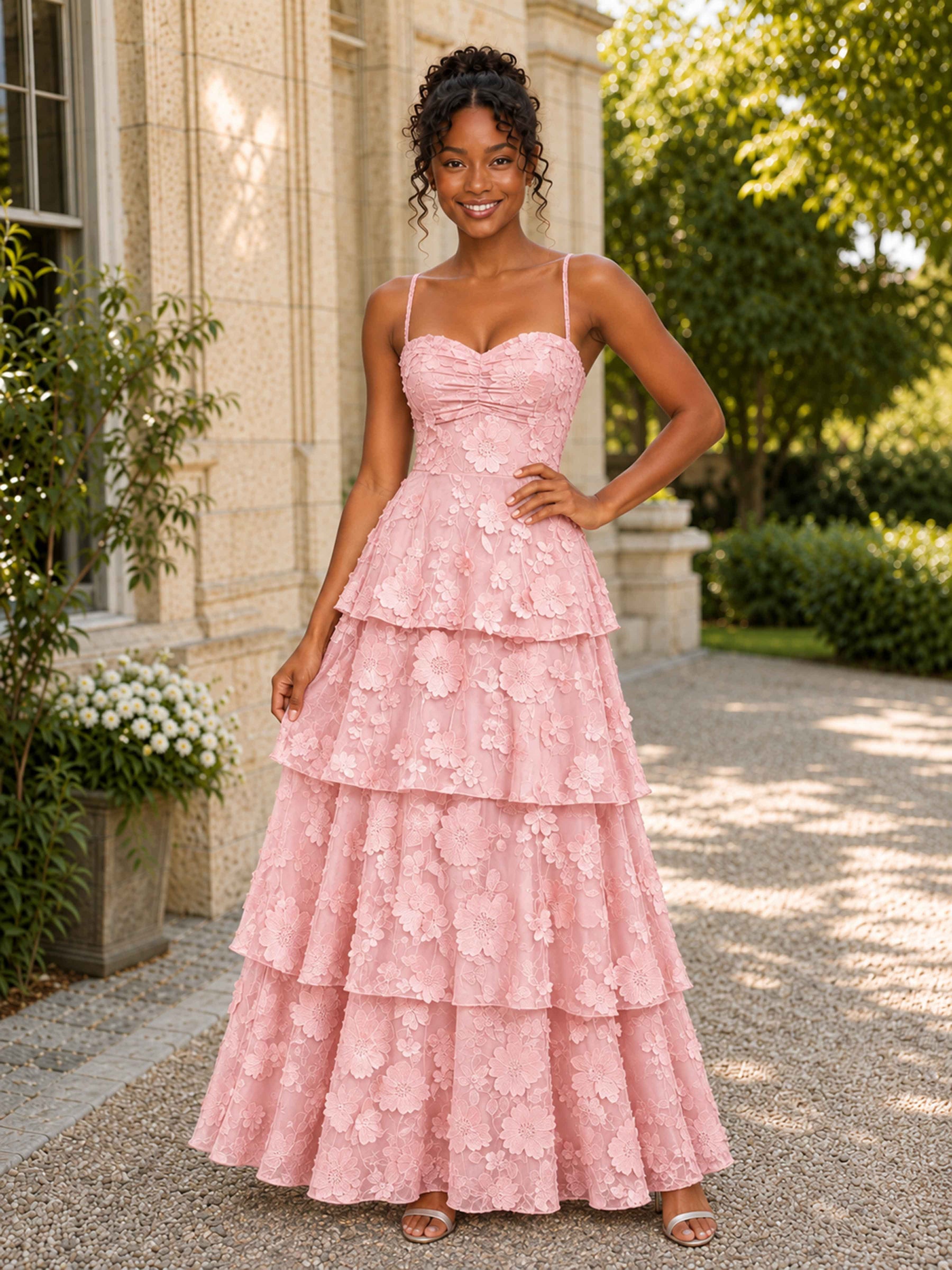 Himella Sweetheart Floral Lace Tiered A-Line Prom Dress with Lace-Up Back