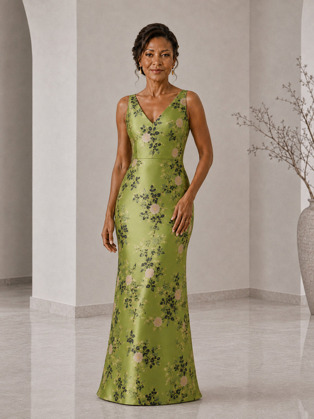 Lioressa V-Neck Floral Satin Sheath Mother of the Bride Dress