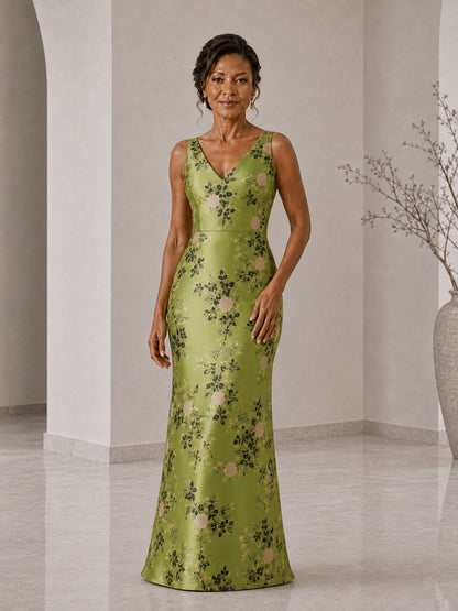 Lioressa V-Neck Floral Satin Sheath Mother of the Bride Dress