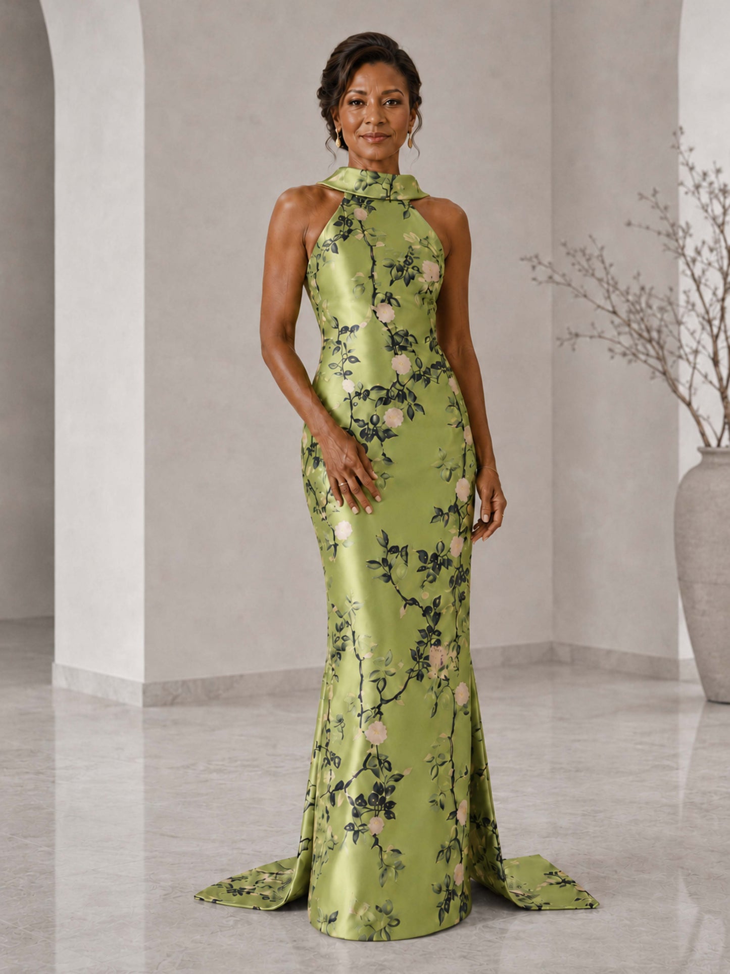 Marvella High Neck Floral Satin Bow Back Mother of the Bride Dress