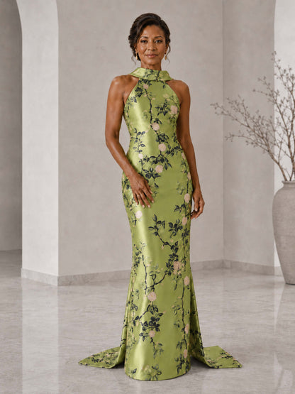 Marvella High Neck Floral Satin Bow Back Mother of the Bride Dress