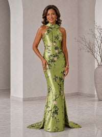 Marvella High Neck Floral Satin Bow Back Mother of the Bride Dress