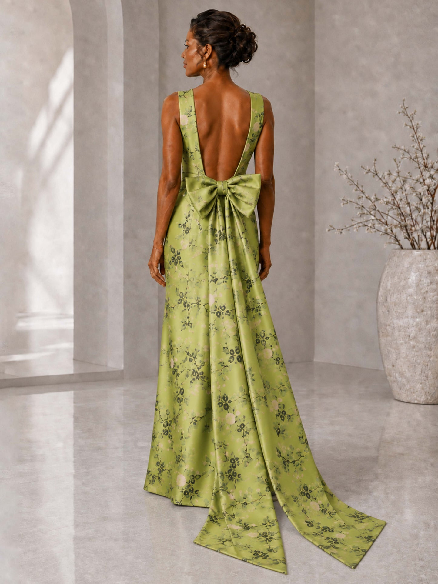 Marvella High Neck Floral Satin Bow Back Mother of the Bride Dress