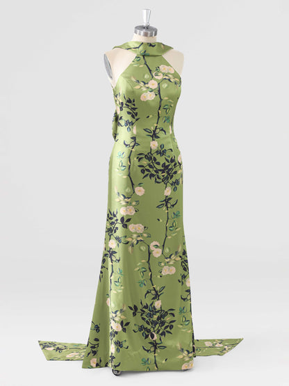 Marvella High Neck Floral Satin Bow Back Mother of the Bride Dress