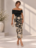 Mireva Off-the-Shoulder Floral Applique Mother of the Bride Midi Dress