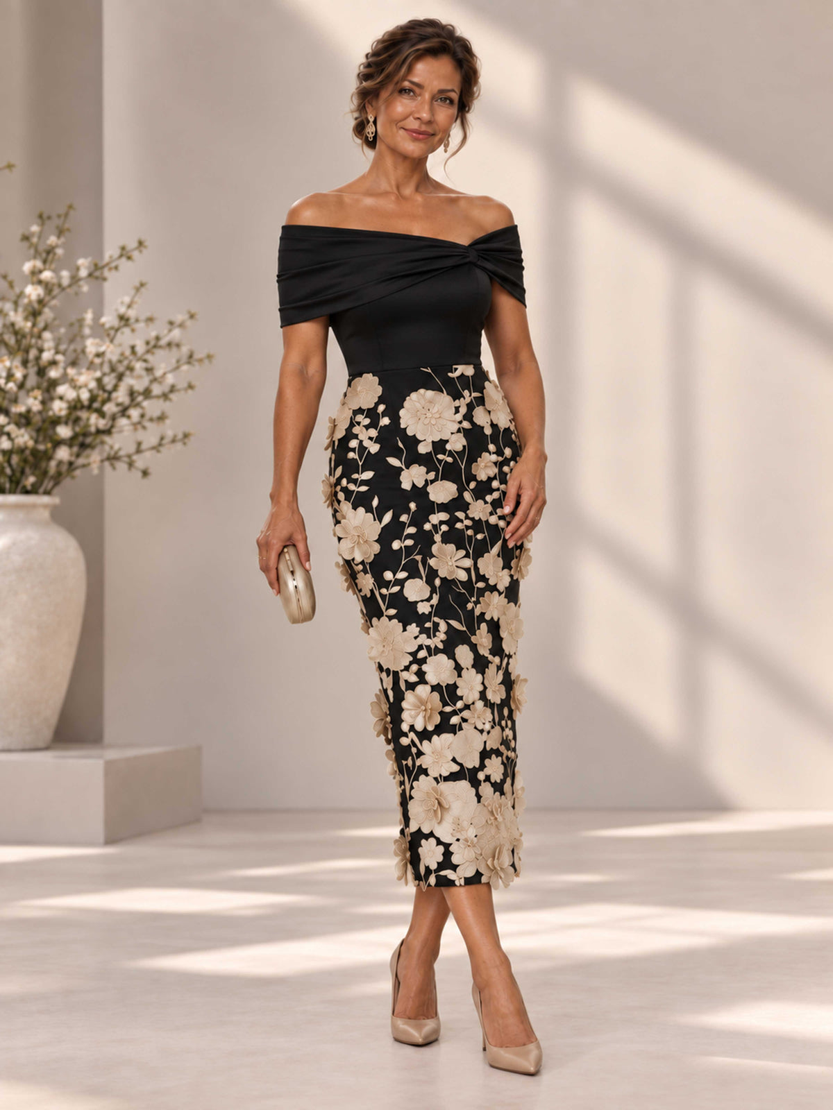 Mireva Off-the-Shoulder Floral Applique Mother of the Bride Midi Dress