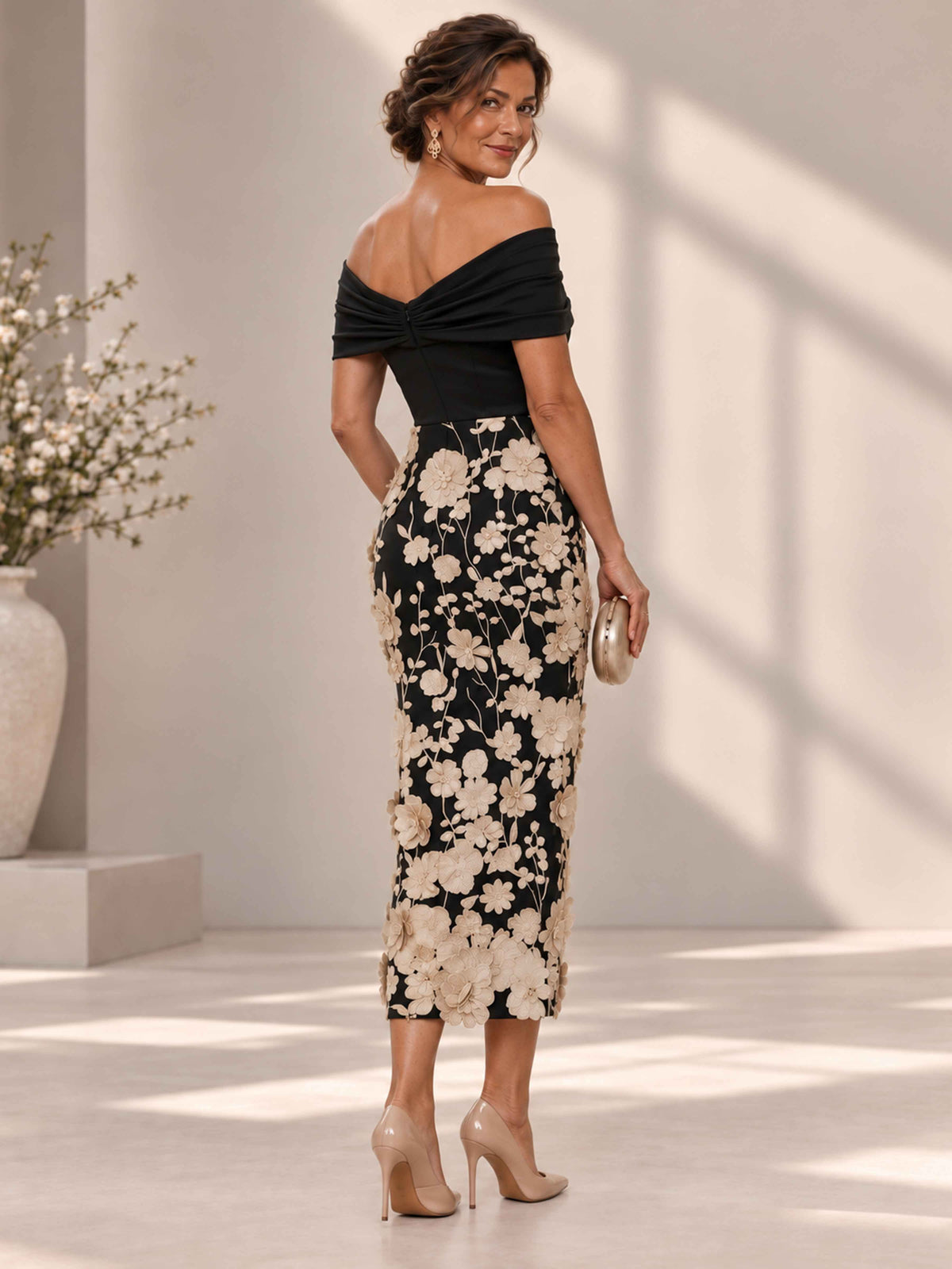 Mireva Off-the-Shoulder Floral Applique Mother of the Bride Midi Dress