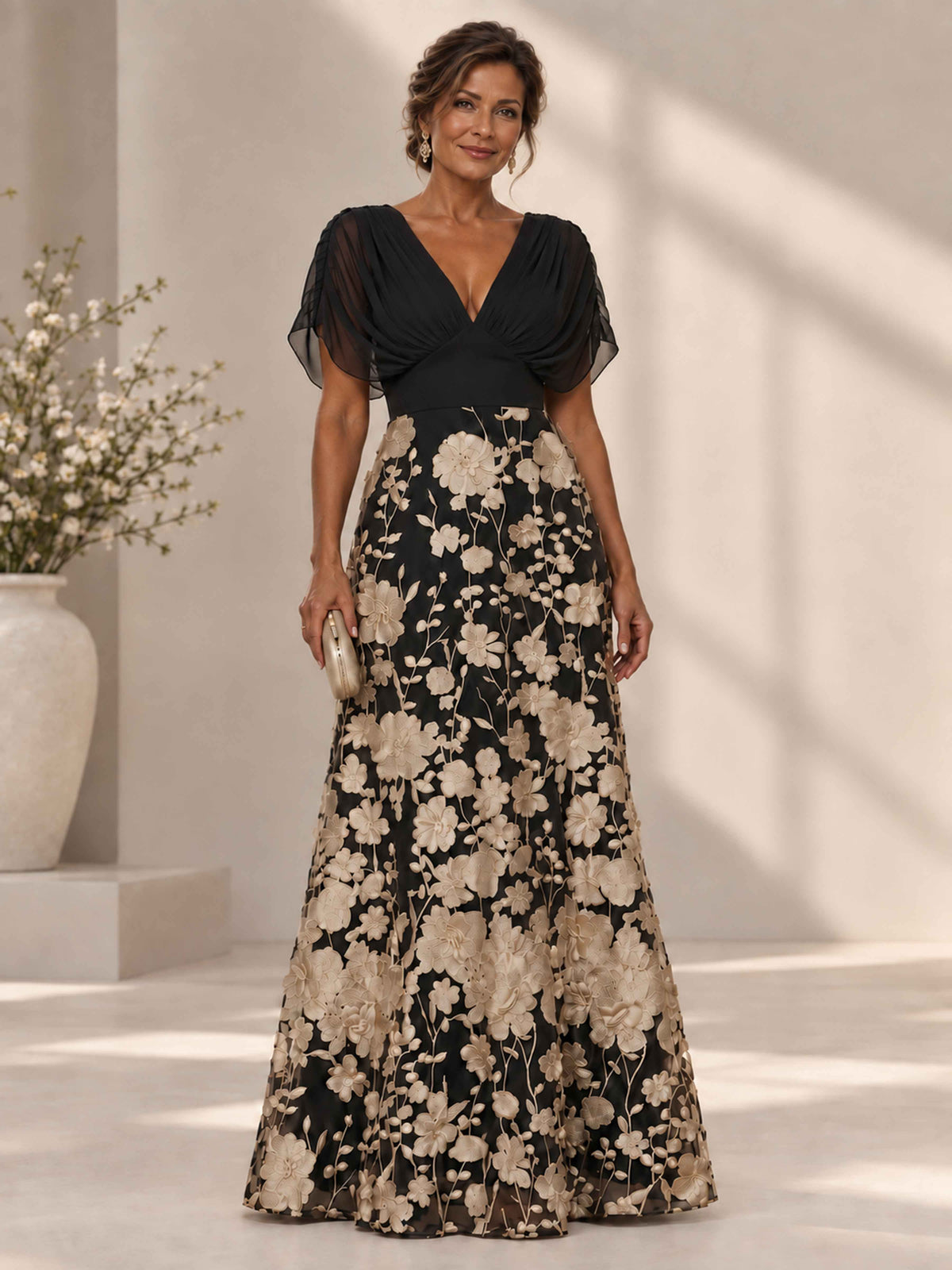 Norvella V-Neck Floral Applique A-Line Mother of the Bride Dress