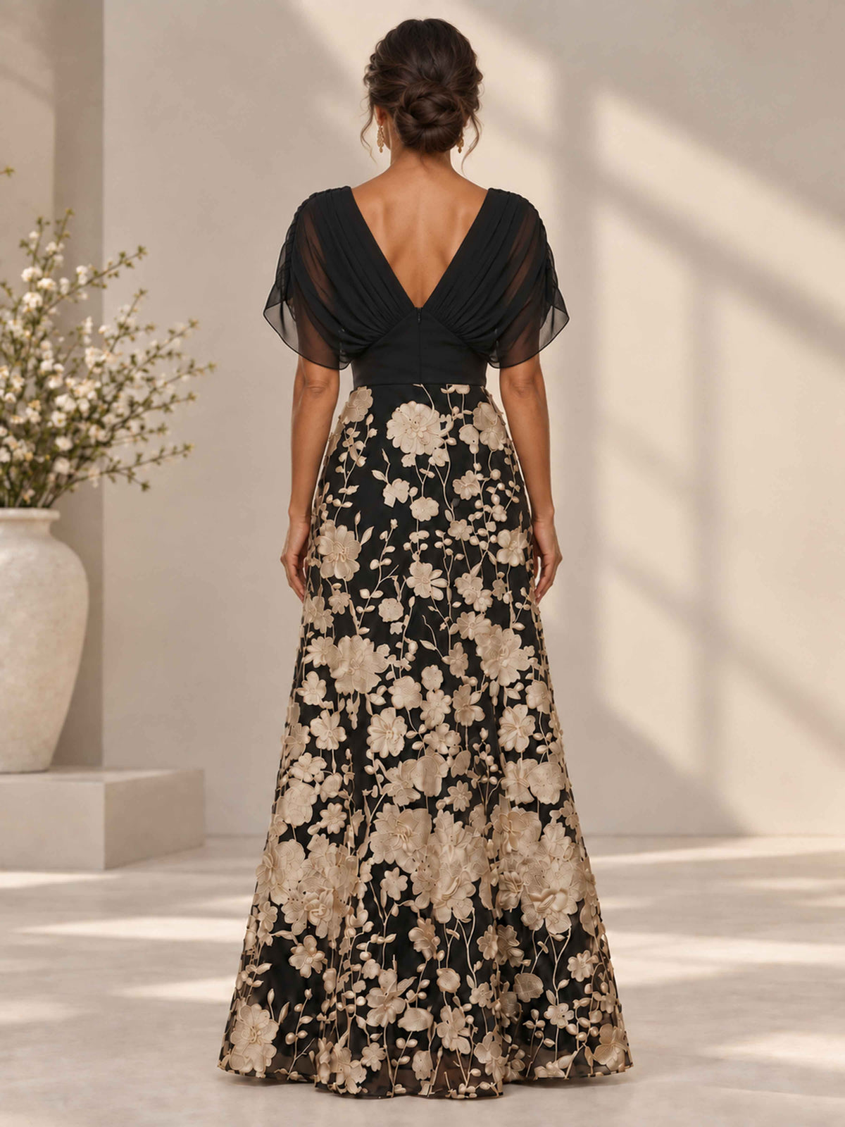 Norvella V-Neck Floral Applique A-Line Mother of the Bride Dress
