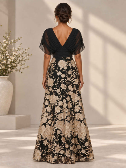 Norvella V-Neck Floral Applique A-Line Mother of the Bride Dress