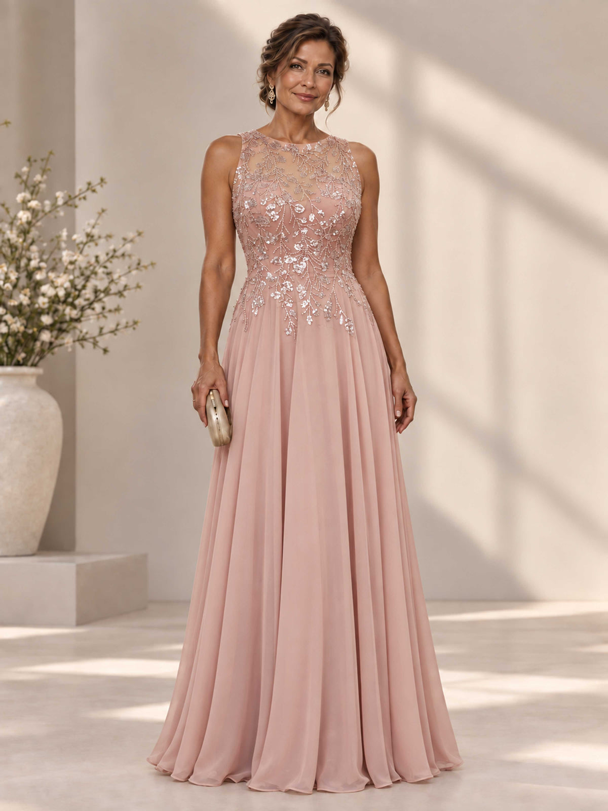 Orelina Jewel Neck Sequin Applique A-Line Chiffon Sequnis Mother of the Bride Dress