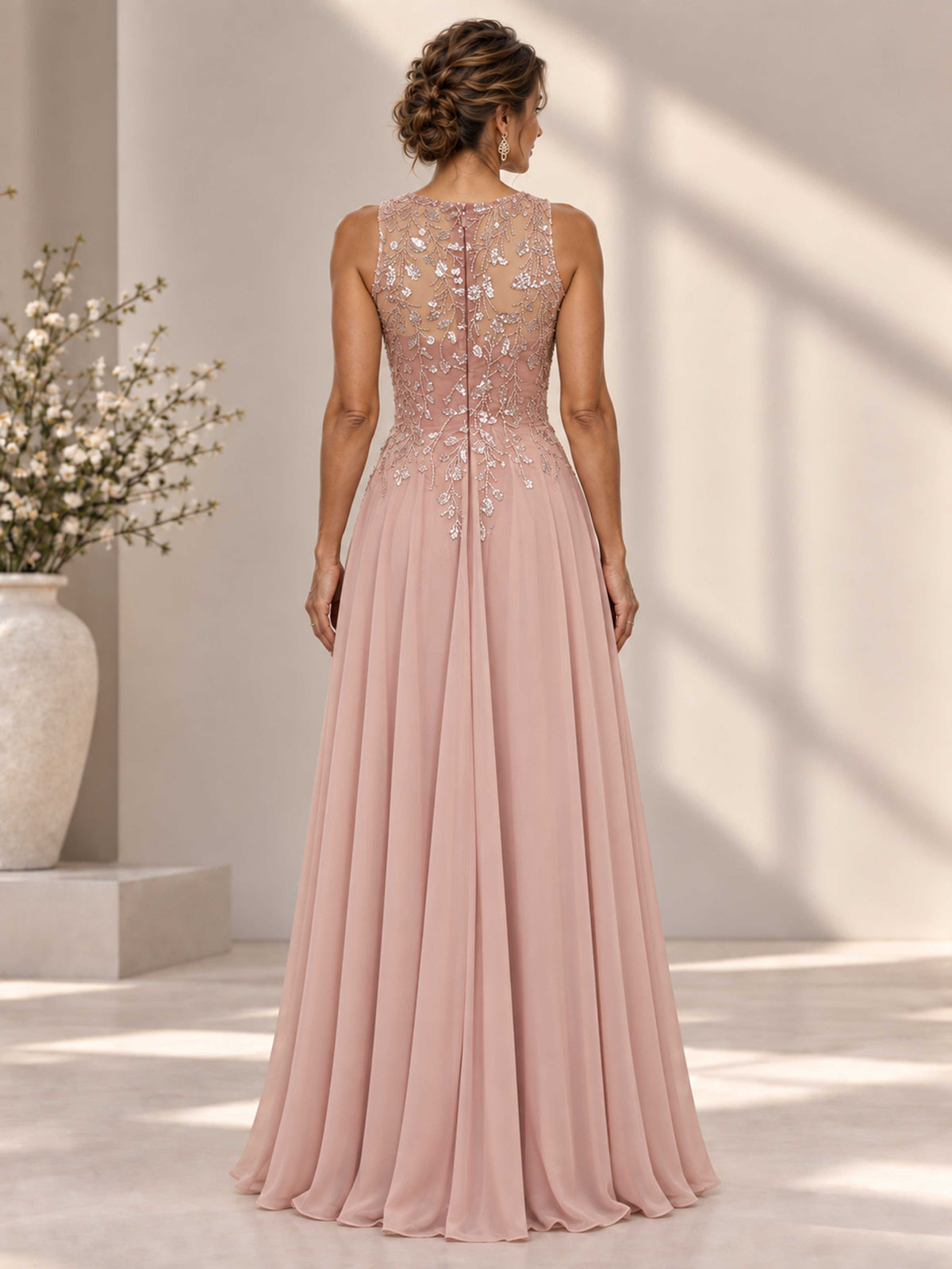 Orelina Jewel Neck Sequin Applique A-Line Chiffon Sequnis Mother of the Bride Dress