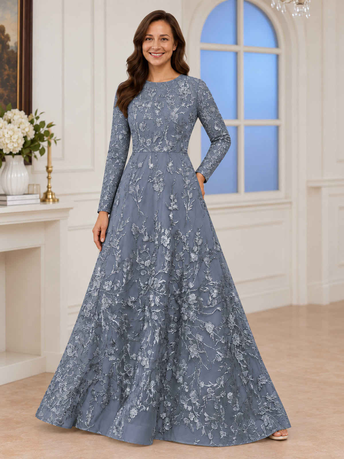 Pravelle A-Line Lace Appliques Long Sleeves Mother of The Bride Dresses With Sleeves
