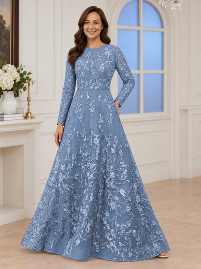 Pravelle A-Line Lace Appliques Long Sleeves Mother of The Bride Dresses With Sleeves