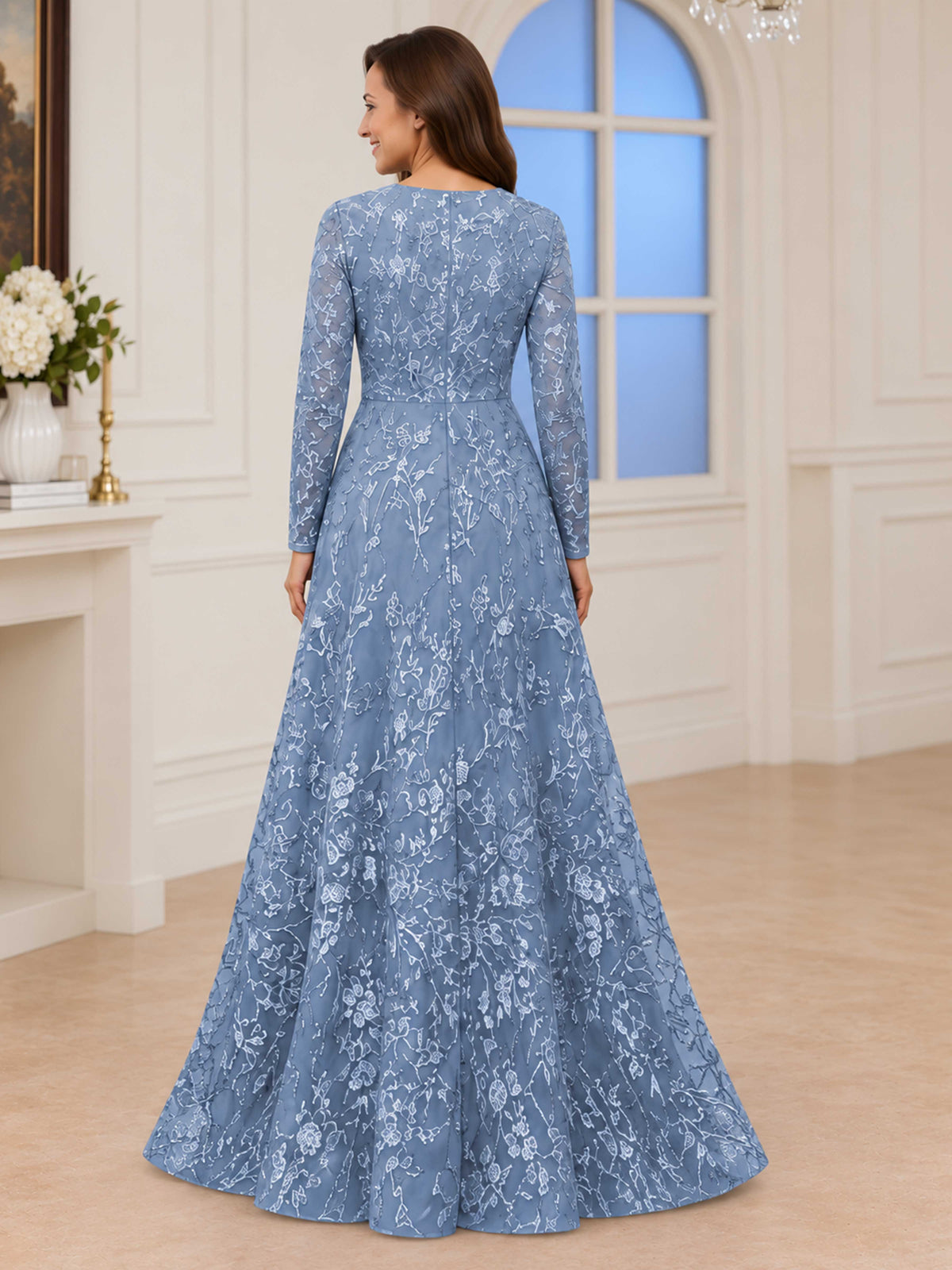 Pravelle A-Line Lace Appliques Long Sleeves Mother of The Bride Dresses With Sleeves
