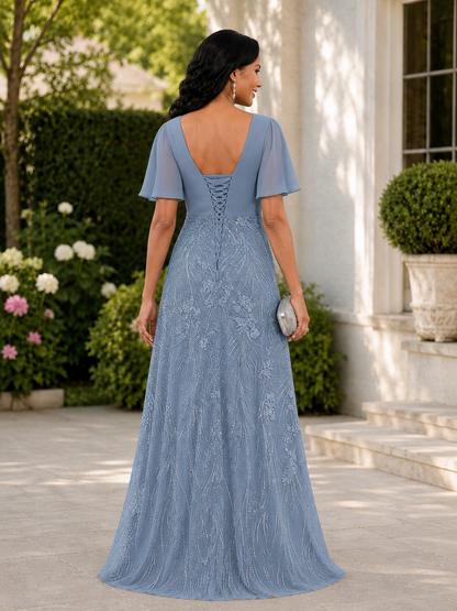 Seraphina A-Line V-Neck Short Sleeves Floor Length Mother of the Bride Dresses with Slit