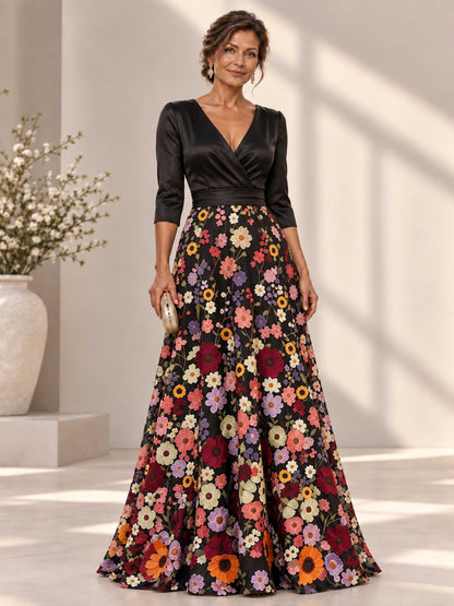 Talvina V-Neck Floral Appliqued Satin A-Line Mother of the Bride Dress